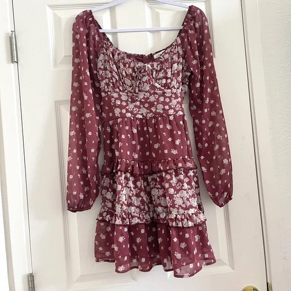 Altar'd State | Dresses | Altard State Burgundy Floral Ruffle Dress |  Poshmark